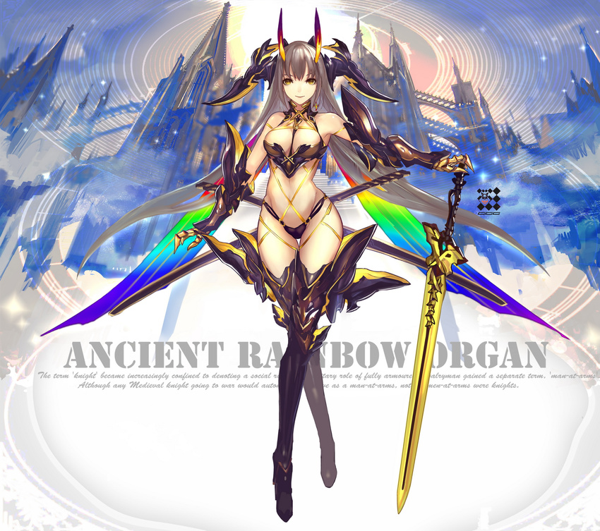 armor bangs bare_shoulders bikini_armor black_footwear black_legwear boots breasts cleavage closed_mouth commentary_request full_body gauntlets grey_hair headgear highres holding holding_sword holding_weapon horns kiwamu long_hair looking_at_viewer medium_breasts navel original smile solo stomach sword thigh_boots thigh_gap thighhighs weapon wings yellow_eyes