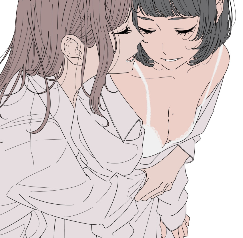 2girls black_hair bra breasts brown_hair cleavage closed_eyes collarbone collared_shirt commentary_request dress_shirt eyelashes highres hug hug_from_behind kamatama_rom lace-trimmed_bra lace_trim long_hair lower_teeth_only medium_breasts mole mole_on_breast mole_under_eye multiple_girls open_clothes open_mouth open_shirt original parted_lips shirt short_hair sidelocks simple_background teeth underwear upper_body white_background white_bra white_shirt yuri