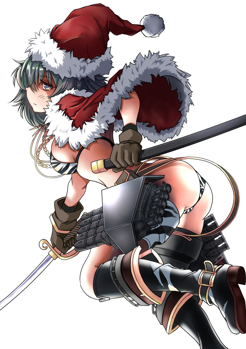 1girl absurdres ass bikini black_footwear boots breasts brown_gloves camouflage camouflage_bikini capelet cutlass fur-trimmed_capelet fur-trimmed_headwear fur_trim gloves green_eyes green_hair hat highres holding holding_sheath holding_sword holding_weapon kantai_collection kiso_(kancolle) kiso_kai_ni_(kancolle) medium_breasts red_capelet red_headwear rigging santa_hat scabbard sheath simple_background solo swimsuit sword thigh_strap unsheathed weapon white_background yaegashi_(muzzuleflash)