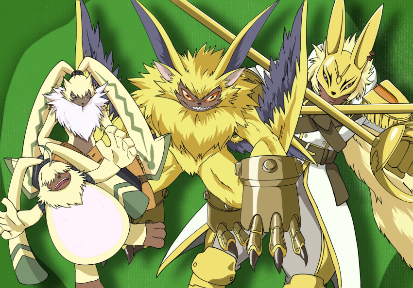 angoramon anthro armor bandai_namco diarbbitmon digimon digimon_(species) digimon_ghost_game evolutionary_family group hair hair_over_eyes headgear helmet hi_res humanoid jedigimon knight lamortmon long_ears male melee_weapon ponytail_ears rapier sword symbareangoramon warrior weapon