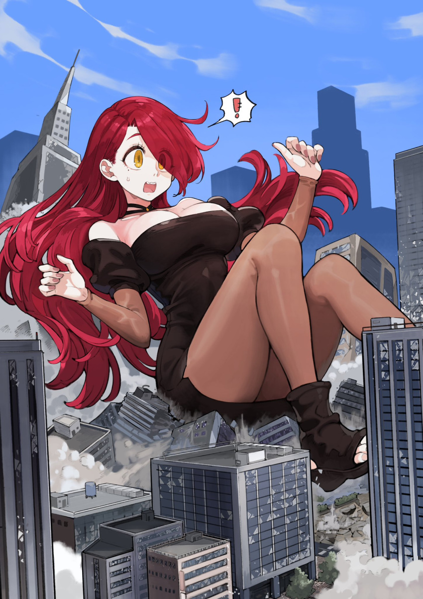 ! 1girl bare_shoulders black_choker black_dress black_footwear boots breasts character_request choker city cleavage commentary copyright_request dress giant giantess highres juliet_sleeves jun_(navigavi) large_breasts long_hair long_sleeves off-shoulder_shirt off_shoulder open_mouth pantyhose pencil_dress puffy_sleeves red_hair shirt short_sleeves solo spoken_exclamation_mark thighs toeless_footwear very_long_hair yellow_eyes