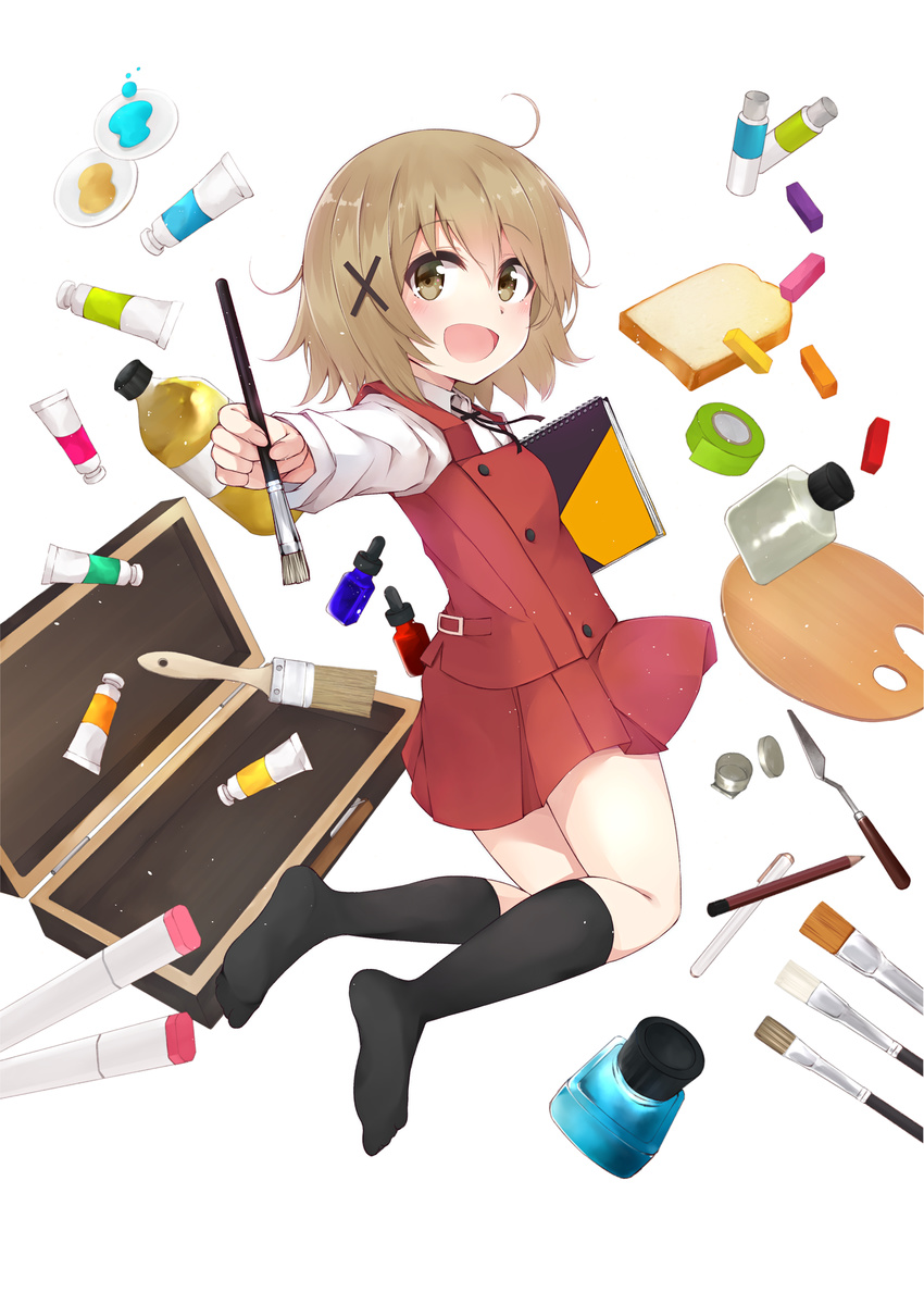 :d black_legwear blush bolo_tie bottle bread brown_eyes brown_hair case colis_(regunm772) collared_shirt eyebrows_visible_through_hair food from_side full_body hair_between_eyes hair_ornament hidamari_sketch highres holding holding_paintbrush inkwell kneehighs legs_up long_sleeves looking_at_viewer no_shoes open_mouth outstretched_arm paint paintbrush palette pen pencil pleated_skirt red_skirt red_vest school_uniform shirt sketchbook skirt smile solo vest white_shirt wing_collar x_hair_ornament yuno