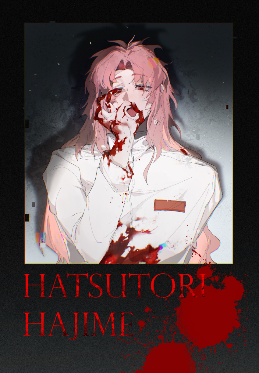 1boy absurdres blood blood_on_clothes blood_on_hands blood_stain character_name hatsutori_hajime highres lajiren247 long_hair long_sleeves male_focus ok_sign open_mouth parted_bangs pink_hair red_eyes saibou_shinkyoku shirt solo white_shirt