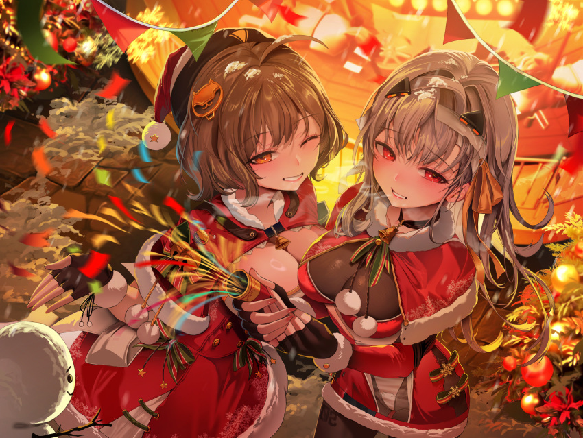 2girls absurdres ahoge anis_(nikke) black_gloves breasts brown_eyes brown_hair christmas christmas_tree cleavage dress fingerless_gloves from_above fur-trimmed_dress fur_trim gloves goddess_of_victory:_nikke grey_hair hair_ornament highres indoors large_breasts long_hair looking_at_viewer modernia_(nikke) multiple_girls one_eye_closed red_eyes santa_costume see-through see-through_cleavage short_hair smile zerocat