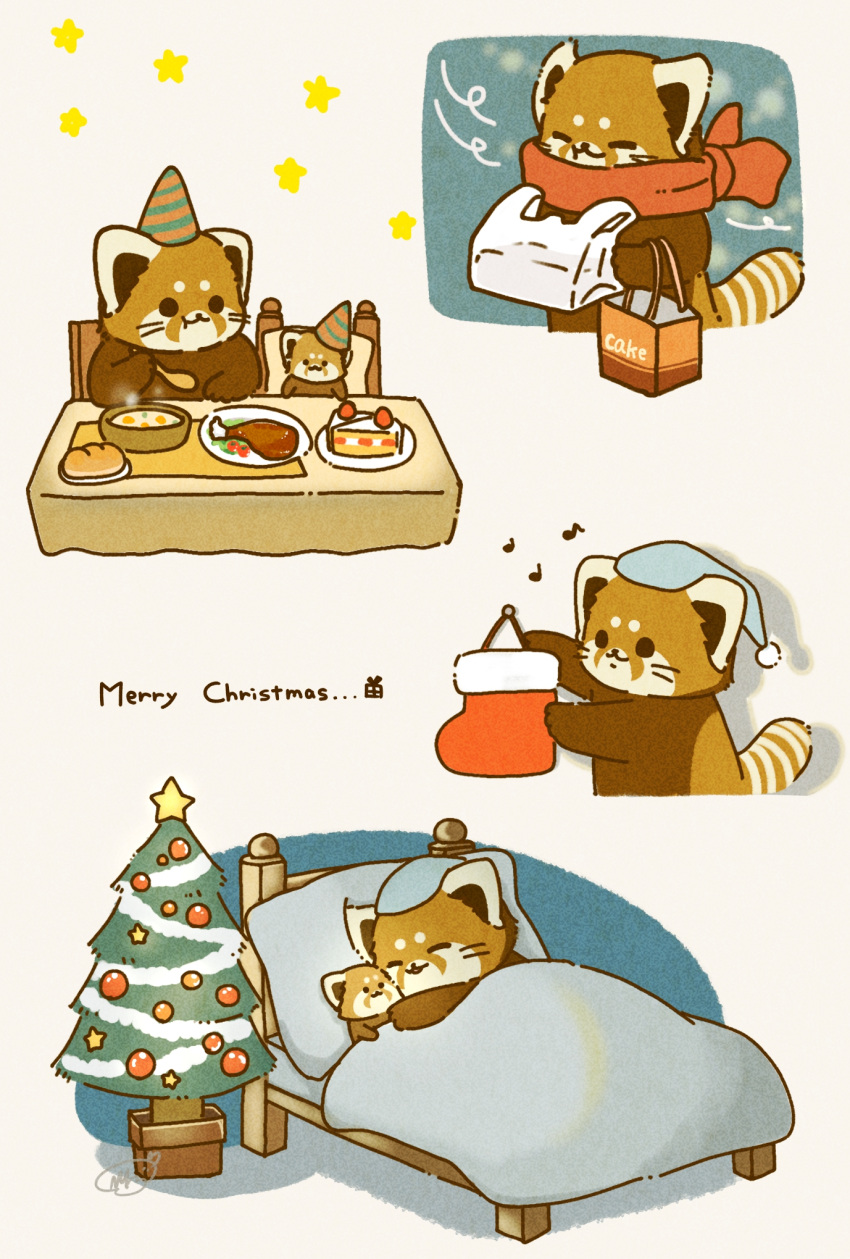 2023 ailurid anthro bed biped black_eyes black_nose brown_body chibi christmas christmas_tree clothing dot_eyes eating english_text eyes_closed feral food furniture hat headgear headwear hi_res holiday_message holidays kemono lying mammal pillow plant plushie red_panda scarf shi_nominmin solo text tree