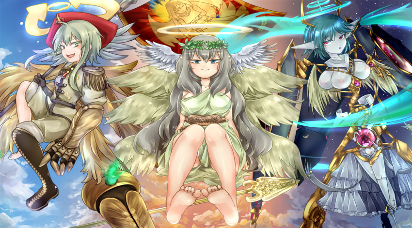 3girls ahoge angel angel_wings aqua_halo arrow_(symbol) bare_legs bare_shoulders barefoot biblically_accurate_angel black_gloves blonde_hair blue_eyes blue_hair blue_sky boots breasts character_print closed_mouth cloud colored_skin commentary_request core epaulettes extra_breasts feathered_wings feet feet_out_of_frame flag full_body gauntlets gem gloves glowing gnosis_(mon-musu_quest!) gold_horns gold_trim green_eyes grey_hair grey_skin grey_skirt hair_between_eyes halo head_wings heaven holding holding_flag holding_polearm holding_weapon ilias jacket jitome knee_boots knees_up large_breasts laurel_crown light_blush long_hair looking_at_viewer medal mon-musu_quest! mon-musu_quest:_paradox multiple_girls multiple_halos multiple_wings open_mouth over_shoulder pale_skin pippi_(ku_ro_do_zorizo_to) polearm purple_gemstone pussy red_eyes red_headwear seraph_eden shield_module short_hair shorts sidelocks single_barefoot single_gauntlet single_knee_boot sitting skirt sky smile soles space spear spine straight-on toes toga triangle_mouth uncensored very_long_hair weapon white_jacket white_shorts wind wings zion_(mon-musu_quest!)