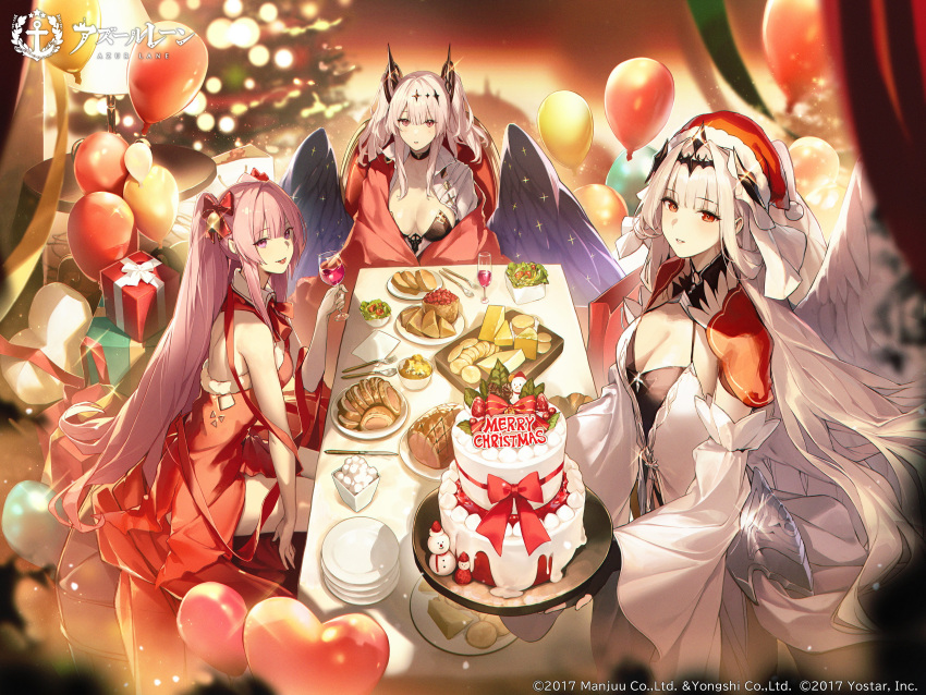 3girls absurdres azur_lane balloon bare_shoulders blush box breasts cake choker christmas_cake christmas_ornaments closed_mouth commentary_request company_connection company_name copyright_name cup dress feathered_wings feathers fingerless_gloves food fork fur_trim gift gift_box gloves hair_ornament hat highres holding holding_cup indoors joffre_(azur_lane) la_galissonniere_(azur_lane) logo long_hair looking_at_viewer marseillaise_(azur_lane) medium_breasts multiple_girls official_art parted_lips pink_hair plate pom_pom_(clothes) purple_eyes red_eyes salad santa_hat simple_background sitting sleeveless smile table twintails white_hair wide_sleeves wings yohaku