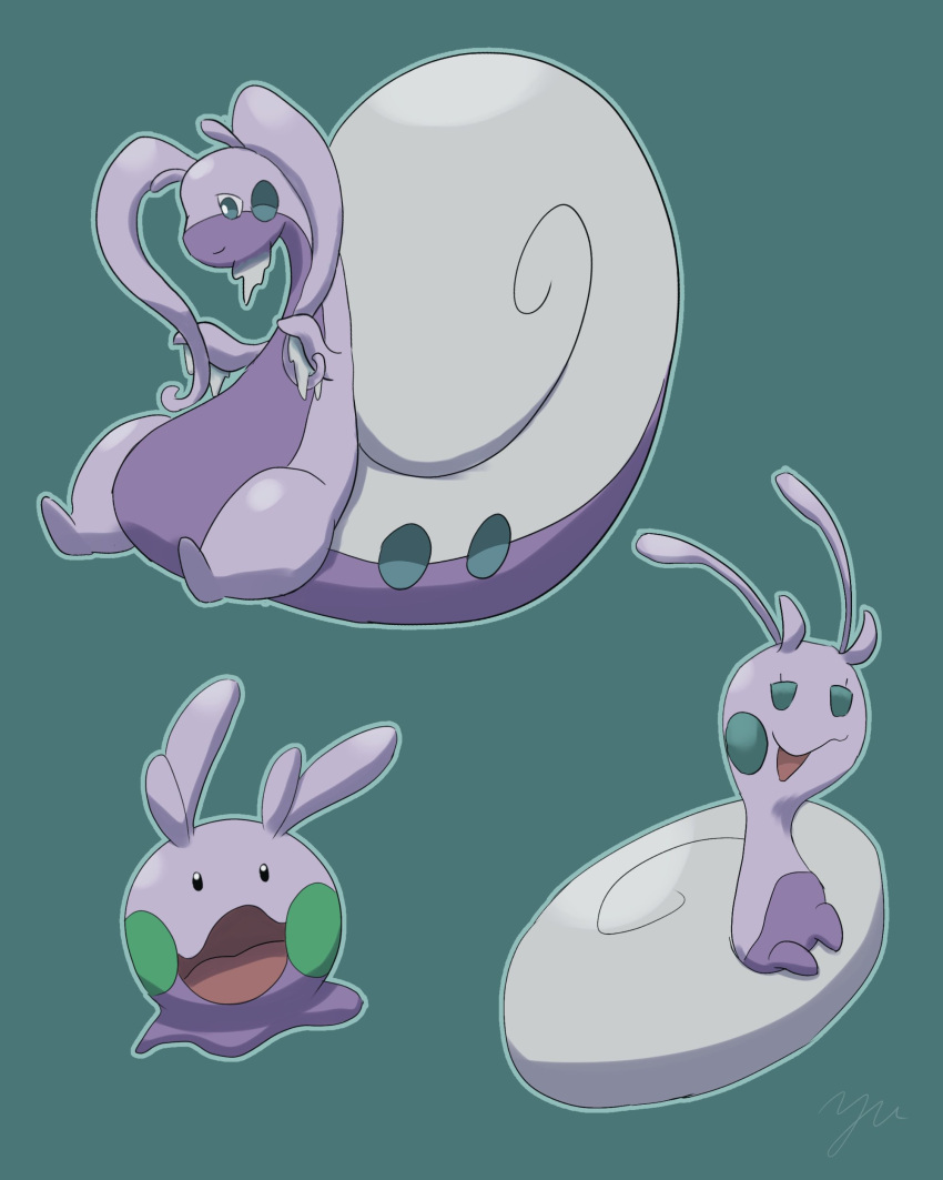 absurdres animal_focus antennae black_eyes colored_skin commentary_request evolutionary_line goomy green_background green_eyes highres hisuian_goodra hisuian_sliggoo no_humans open_mouth pokemon pokemon_(creature) purple_skin simple_background slime_(substance) smile tail yu_(pocketsun636)