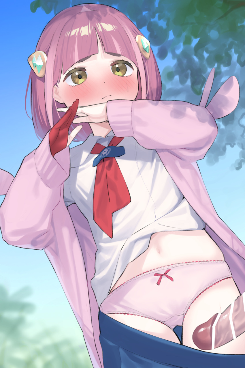 1boy 1girl arched_bangs bar_censor blue_skirt blunt_bangs blush bow bow_panties cardigan censored closed_mouth clothes_pull gloves hair_ornament hetero hh_trismegistus highres lacey_(pokemon) long_sleeves navel neckerchief nose_blush outdoors panties partially_fingerless_gloves penis pink_cardigan pink_hair pink_panties pokemon pokemon_sv red_gloves red_neckerchief shirt short_hair single_glove skirt skirt_pull solo_focus thick_eyebrows thigh_gap underwear white_shirt x_arms yellow_eyes