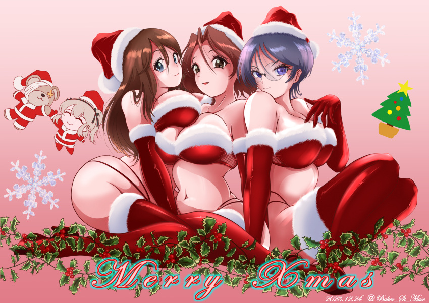 4girls absurdres azumi_(girls_und_panzer) baker_st_muse bikini black_hair blue_eyes boko_(girls_und_panzer) boots breast_rest breasts brown_hair christmas_tree closed_eyes closed_mouth commentary dated english_commentary fur-trimmed_bikini fur-trimmed_headwear fur-trimmed_thighhighs fur_trim girls_und_panzer glasses grey_hair hand_on_own_chest hat high_heel_boots high_heels highres holly kneeling large_breasts long_hair megumi_(girls_und_panzer) merry_christmas mixed-language_commentary multi-strapped_bikini_bottom multiple_girls navel open_mouth parted_bangs pink_background red_bikini red_headwear red_thighhighs rimless_eyewear round_eyewear rumi_(girls_und_panzer) santa_bikini santa_costume santa_hat shimada_arisu short_hair sitting skindentation smile snowflakes strapless strapless_bikini stuffed_animal stuffed_toy swimsuit teddy_bear thighhighs twitter_username wariza