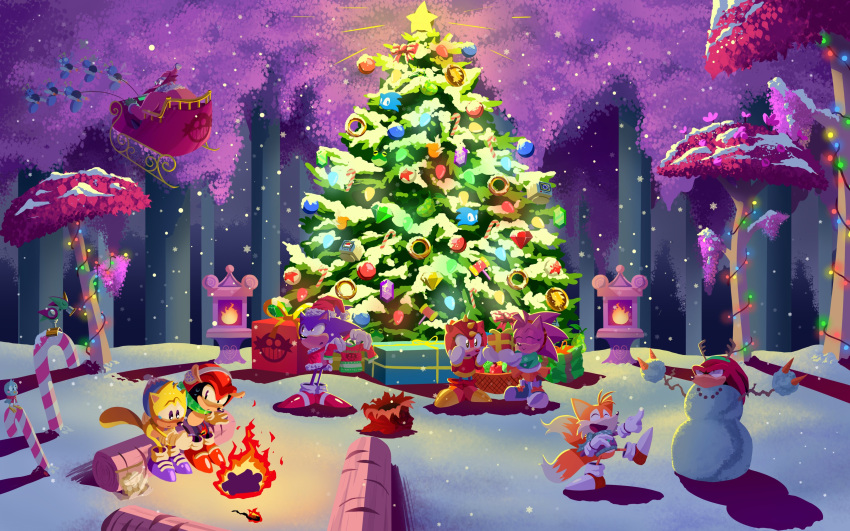 absurdres amy_rose box campfire candy candy_cane christmas christmas_lights christmas_ornaments christmas_sweater christmas_tree dr._eggman extra_tails flicky_(character) food gift gift_box hat highres holding holding_gift knuckles_the_echidna lamppost laughing log mighty_the_armadillo pocho22059768 pointing ray_the_flying_squirrel robot santa_costume santa_hat sitting snow snowman sonic_(series) sonic_mania sonic_superstars sonic_the_hedgehog sweater tails_(sonic) tree trip_the_sungazer