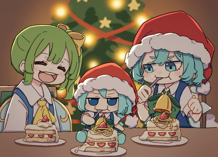 3boys absurdres blue_eyes blue_hair cake christmas_tree cirno closed_eyes daiyousei eating food grey_hair hair_ribbon hat highres indoors kame_(kamepan44231) long_hair multiple_boys open_mouth ribbon santa_hat short_sleeves side_ponytail sitting table touhou yellow_ribbon