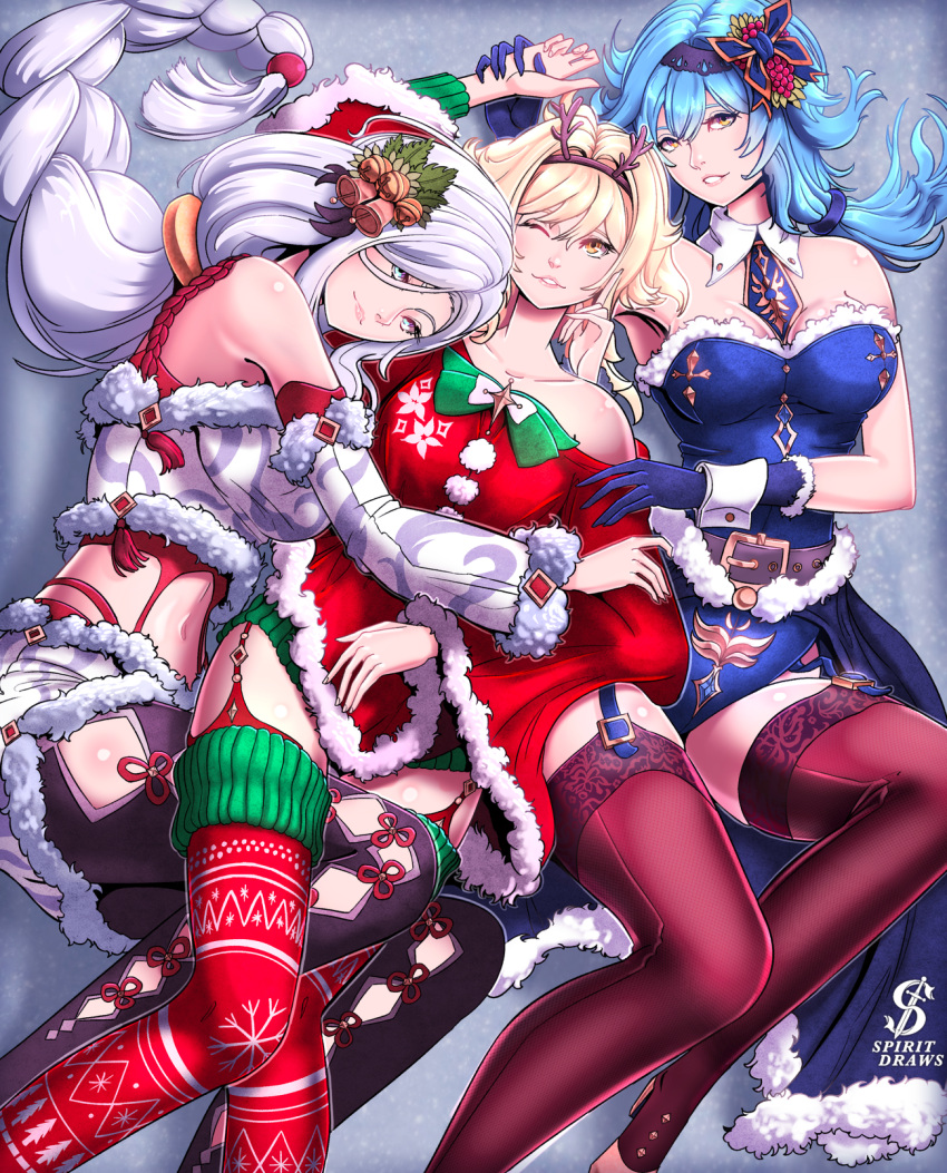 3girls bare_shoulders bell belt black_belt black_pants black_thighhighs blonde_hair blue_dress blue_eyes blue_hair blue_necktie breasts cleavage collarbone detached_sleeves dress english_commentary eula_(genshin_impact) fake_antlers feet_out_of_frame garter_straps genshin_impact grin hair_bell hair_ornament hairband highres large_breasts leggings long_hair long_sleeves looking_at_viewer lumine_(genshin_impact) lying multiple_girls navel necktie off-shoulder_dress off_shoulder on_back one_eye_closed pants red_dress red_thighhighs santa_costume shenhe_(genshin_impact) smile spiritdraws strapless strapless_dress thighhighs thighs white_hair yellow_eyes