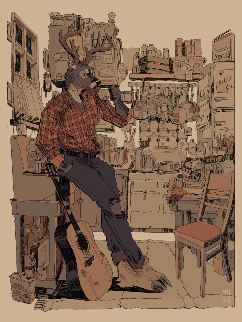 1boy acoustic_guitar against_table animal_ears animal_nose antlers artist_logo barefoot basket belt big_squid_man border bottle bowl box brown_background cardboard_box cereal_box chair collared_shirt crate cup curtains cutlery drainpipe english_text film_grain flower from_side frying_pan furry furry_male grater guitar hand_in_pocket hand_up hatching_(texture) highres holding holding_cup indoors ingredients instrument jerry_can kettle kitchen looking_down male_focus messy_room milk_carton mug original oven pants plaid plaid_shirt plate radio refrigerator reindeer_antlers reindeer_boy rug saucepan shelf shirt simple_background snout solo sticker sticky_note table toaster torn_clothes torn_pants utensil vase wide_shot window