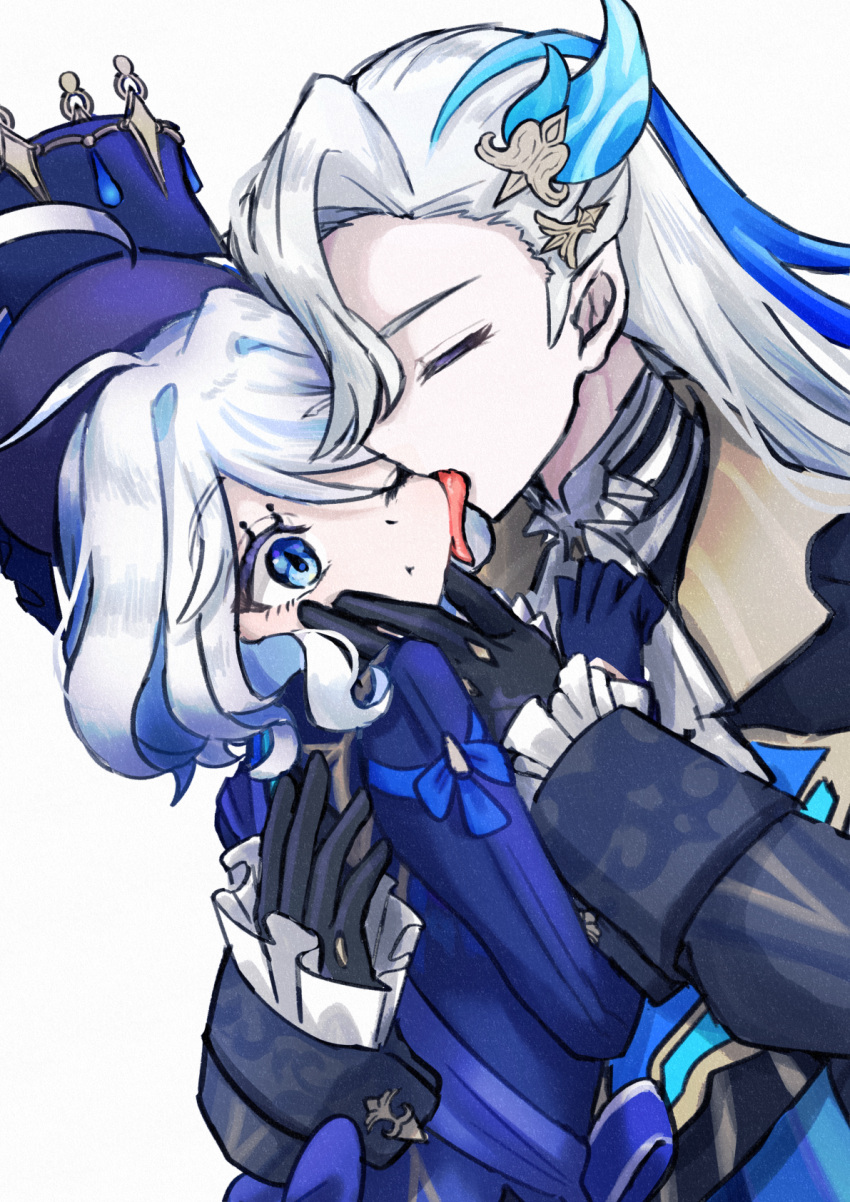 1boy 1girl black_gloves blue_eyes blue_hair closed_eyes commentary_request furina_(genshin_impact) genshin_impact gloves grey_hair hair_ornament hand_on_another's_face hat hetero highres hug licking long_hair multicolored_hair neuvillette_(genshin_impact) one_eye_closed short_hair simple_background upper_body usagi_paint white_background
