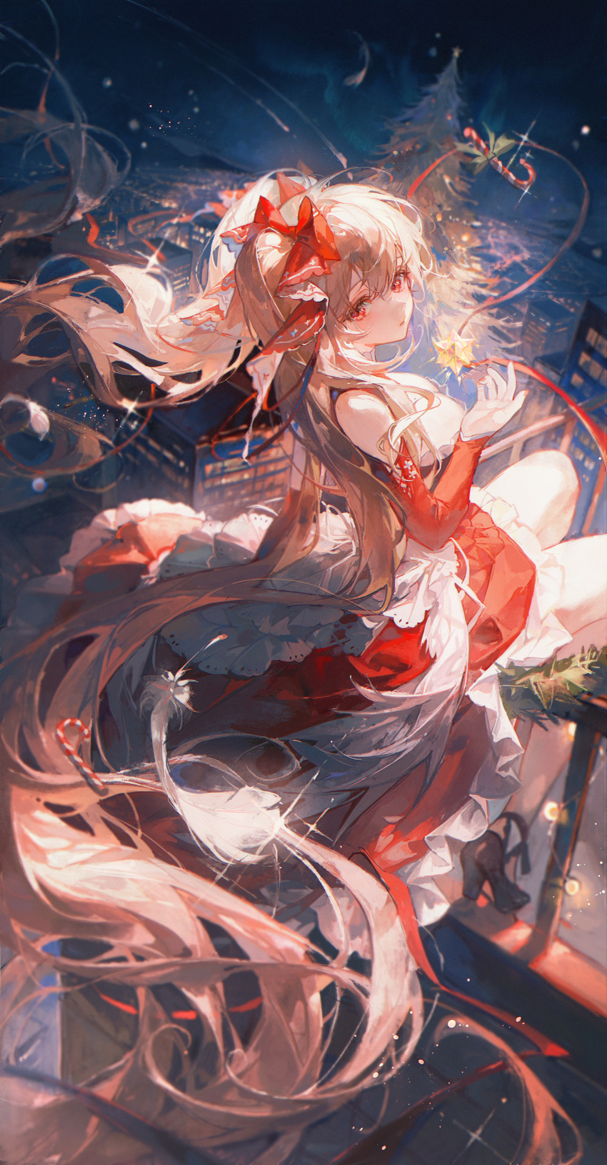 1girl absurdly_long_hair absurdres alternate_costume azur_lane bare_shoulders black_footwear blonde_hair breasts candy candy_cane christmas_lights christmas_tree cityscape cleavage closed_mouth clothing_cutout dress english_commentary food formidable_(azur_lane) frilled_skirt frills from_behind full_body hair_ribbon high_heels highres long_hair long_sleeves looking_at_viewer looking_back maccha_(mochancc) night night_sky railing red_dress red_eyes red_ribbon ribbon shoulder_cutout sitting skirt sky small_stellated_dodecahedron solo sparkle very_long_hair