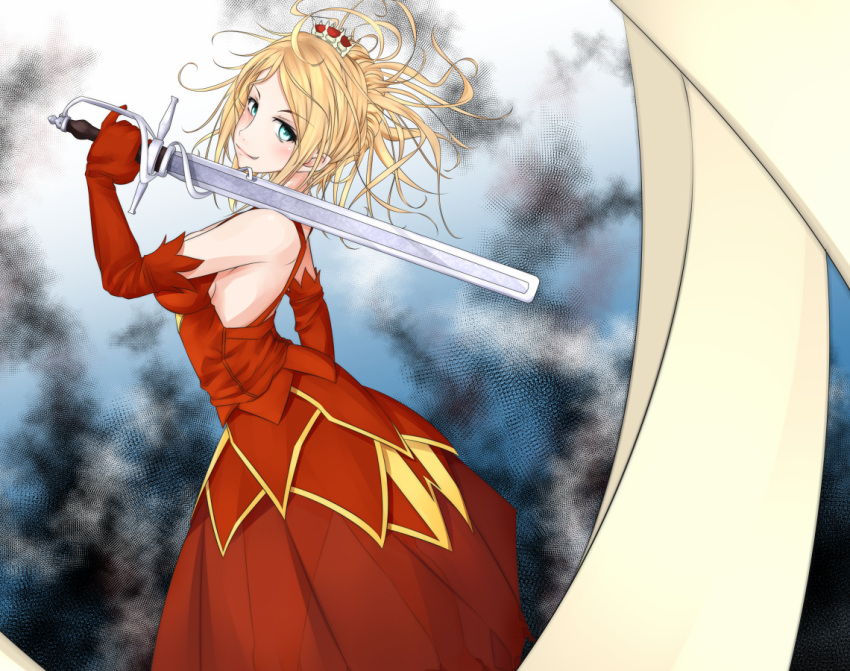 1girl bare_shoulders blonde_hair blue_background blue_eyes breasts carissa closed_mouth commentary_request crown curtana dress elbow_gloves feet_out_of_frame from_side gloves hand_up head_tilt holding holding_sword holding_weapon light_blush long_dress long_hair looking_at_viewer medium_breasts mini_crown over_shoulder partial_commentary princess red_dress red_gloves shin_(highest1192) smile solo standing sword sword_over_shoulder toaru_majutsu_no_index weapon weapon_over_shoulder
