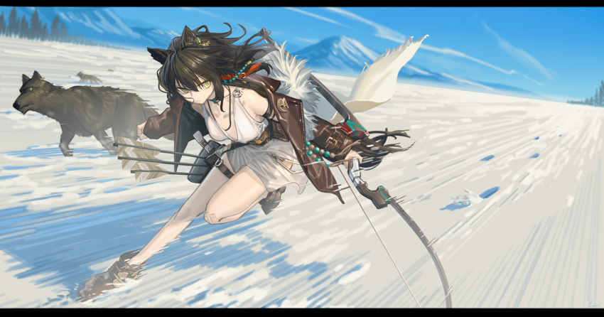 1girl animal animal_ears arknights bare_shoulders beads black_hair blue_sky boots bow_(weapon) breasts brown_footwear brown_jacket day dress hair_between_eyes highres holding holding_bow_(weapon) holding_weapon jacket lanzi_(415460661) letterboxed long_hair long_sleeves lunacub_(arknights) mountain open_clothes open_jacket outdoors quiver running sky sleeveless sleeveless_dress small_breasts snow tree weapon white_dress wolf wolf_ears wolf_girl yellow_eyes