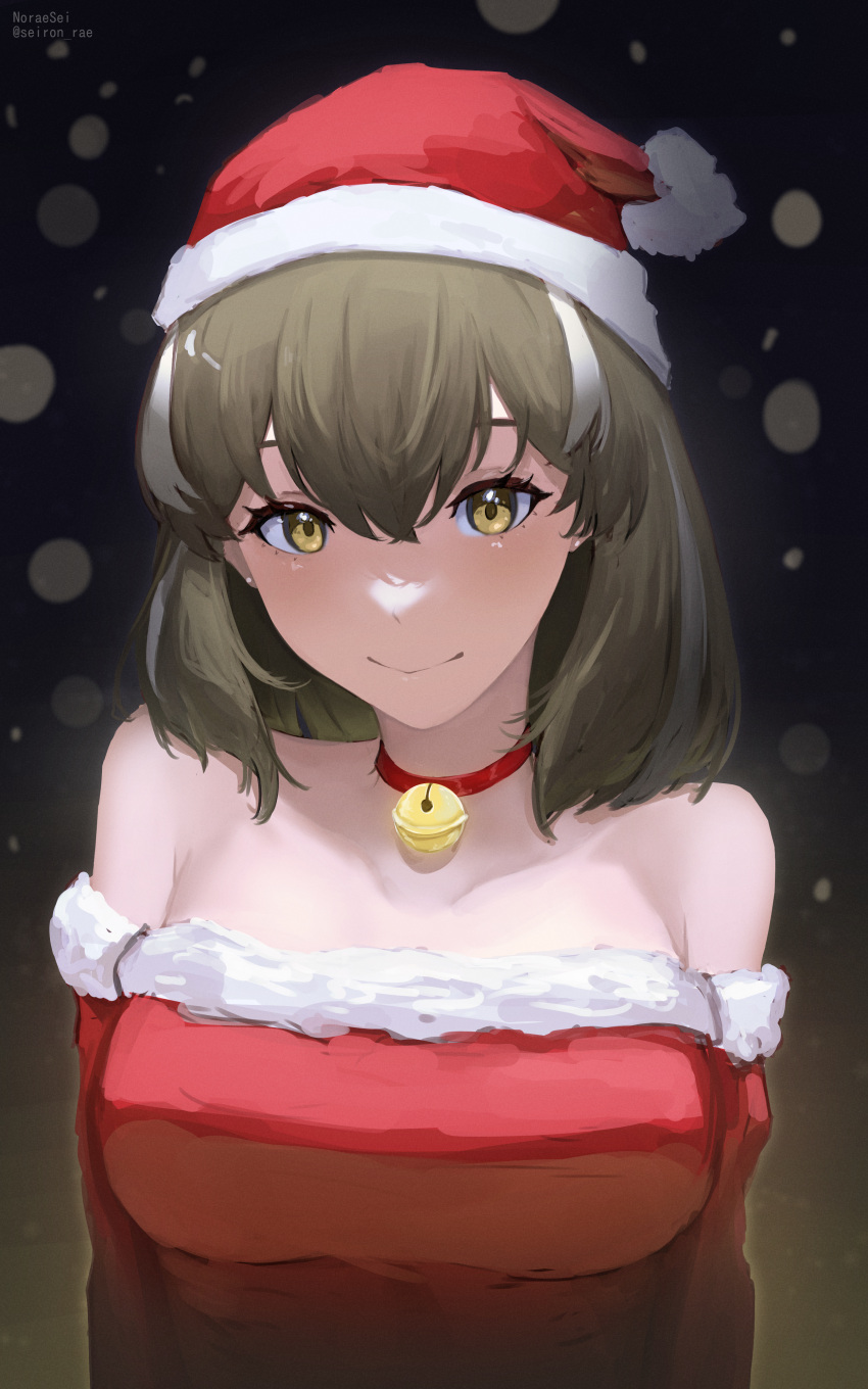 1girl absurdres arknights bell brown_eyes brown_hair choker closed_mouth dress fur-trimmed_dress fur_trim hat highres looking_at_viewer magallan_(arknights) medium_hair multicolored_hair neck_bell noraesei red_choker red_dress santa_hat smile solo streaked_hair white_hair