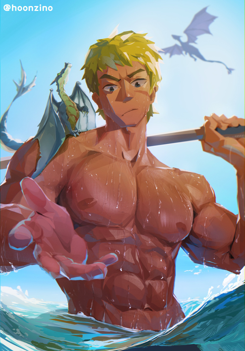 1boy abs absurdres blonde_hair blue_sky closed_mouth collarbone cormag_(fire_emblem) dragon fire_emblem fire_emblem:_the_sacred_stones fire_emblem_heroes flying highres holding holding_polearm holding_weapon hoonzino looking_at_viewer male_focus mini_dragon nipples ocean outstretched_hand partially_submerged polearm scar scar_on_cheek scar_on_face sitting_on_shoulder sky solo_focus topless_male twitter_username v-taper water weapon wet wyvern