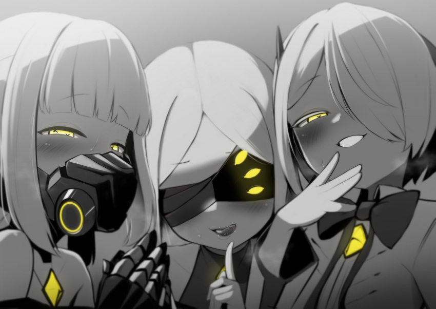 3girls absurdres blindfold blue_archive blunt_bangs blush bow chest_jewel covered_eyes ein_(blue_archive) erogomatinpo extra_pupils grin hair_over_one_eye hand_to_own_mouth highres index_finger_raised looking_at_viewer mask mechanical_hands mouth_mask multiple_girls naughty_face ohr_(blue_archive) own_hands_together saliva simple_background smile sof_(blue_archive) sweat symbol-shaped_pupils tongue tongue_out upper_body x-shaped_pupils yellow_eyes