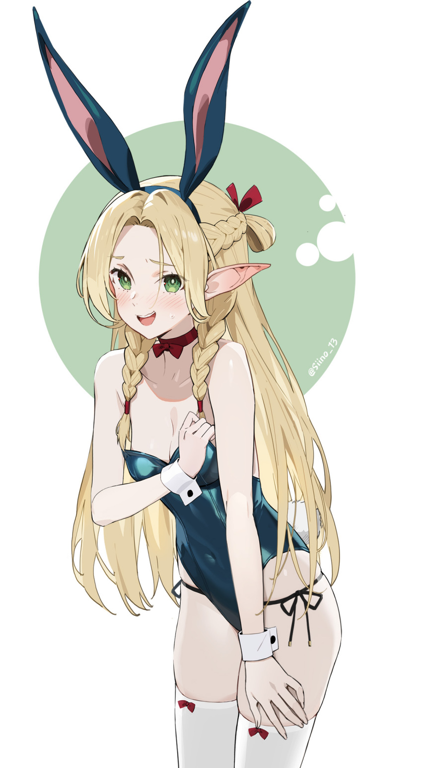 1girl animal_ears blonde_hair blush bow_legwear braid cuffs dungeon_meshi elf green_eyes highres long_hair looking_at_viewer marcille_donato open_mouth playboy_bunny pointy_ears rabbit_ears rabbit_tail siino simple_background solo tail thighhighs