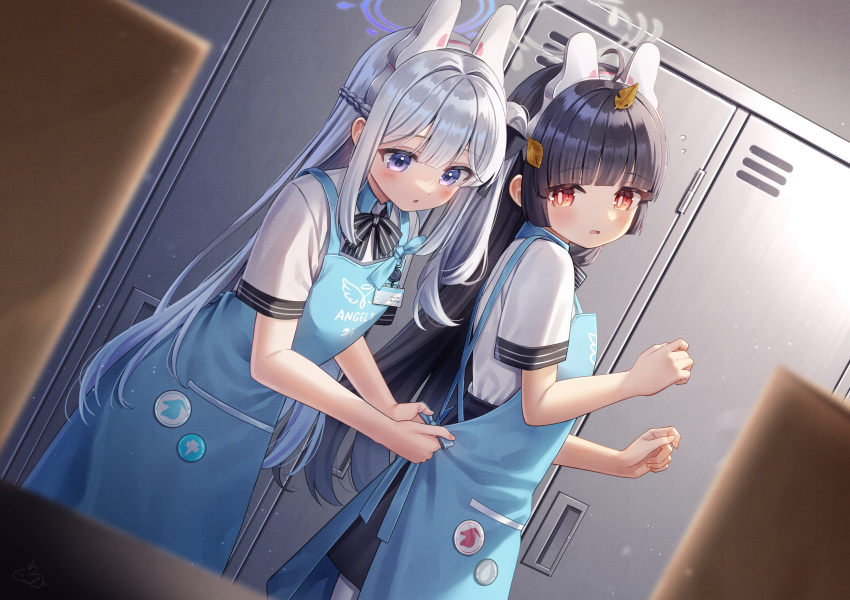 2girls adjusting_another's_clothes angel's_24_uniform_(blue_archive) animal_ears apron black_hair blue_apron blue_archive blue_halo blush braid collared_shirt commentary_request fake_animal_ears grey_hair grey_halo hair_between_eyes halo highres indoors leaf leaf_on_head long_hair lulinco miyako_(blue_archive) miyu_(blue_archive) multiple_girls one_side_up parted_lips polo_shirt purple_eyes rabbit_ears red_eyes shirt short_sleeves white_shirt