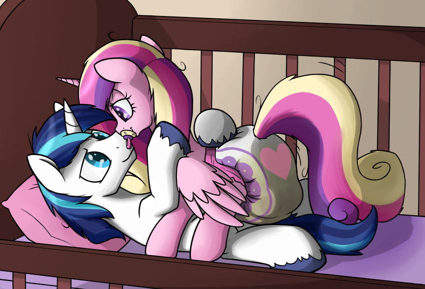 2016 blue_eyes crib diaper duo equine female feral friendship_is_magic fur hair horn male male/female mammal messy_diaper multicolored_hair multicolored_tail my_little_pony pacifier pillow pink_fur princess_cadance_(mlp) purple_eyes romantic_couple shining_armor_(mlp) skitterpone smile two_tone_tail unicorn winged_unicorn wings