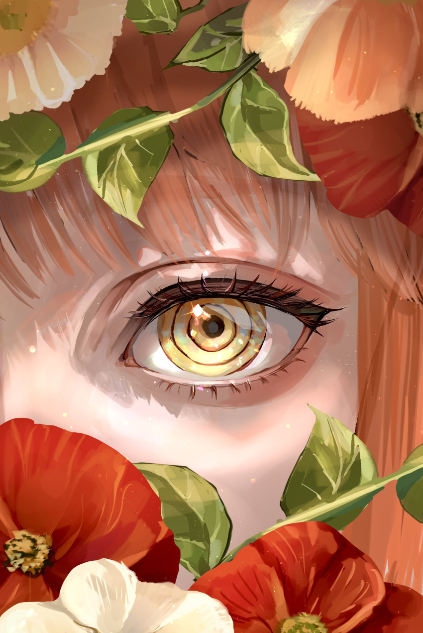 1girl absurdres asaki_illust chainsaw_man close-up eye_focus flower flower_request highres leaf looking_at_viewer makima_(chainsaw_man) pink_hair red_flower ringed_eyes solo split_crop white_flower yellow_eyes