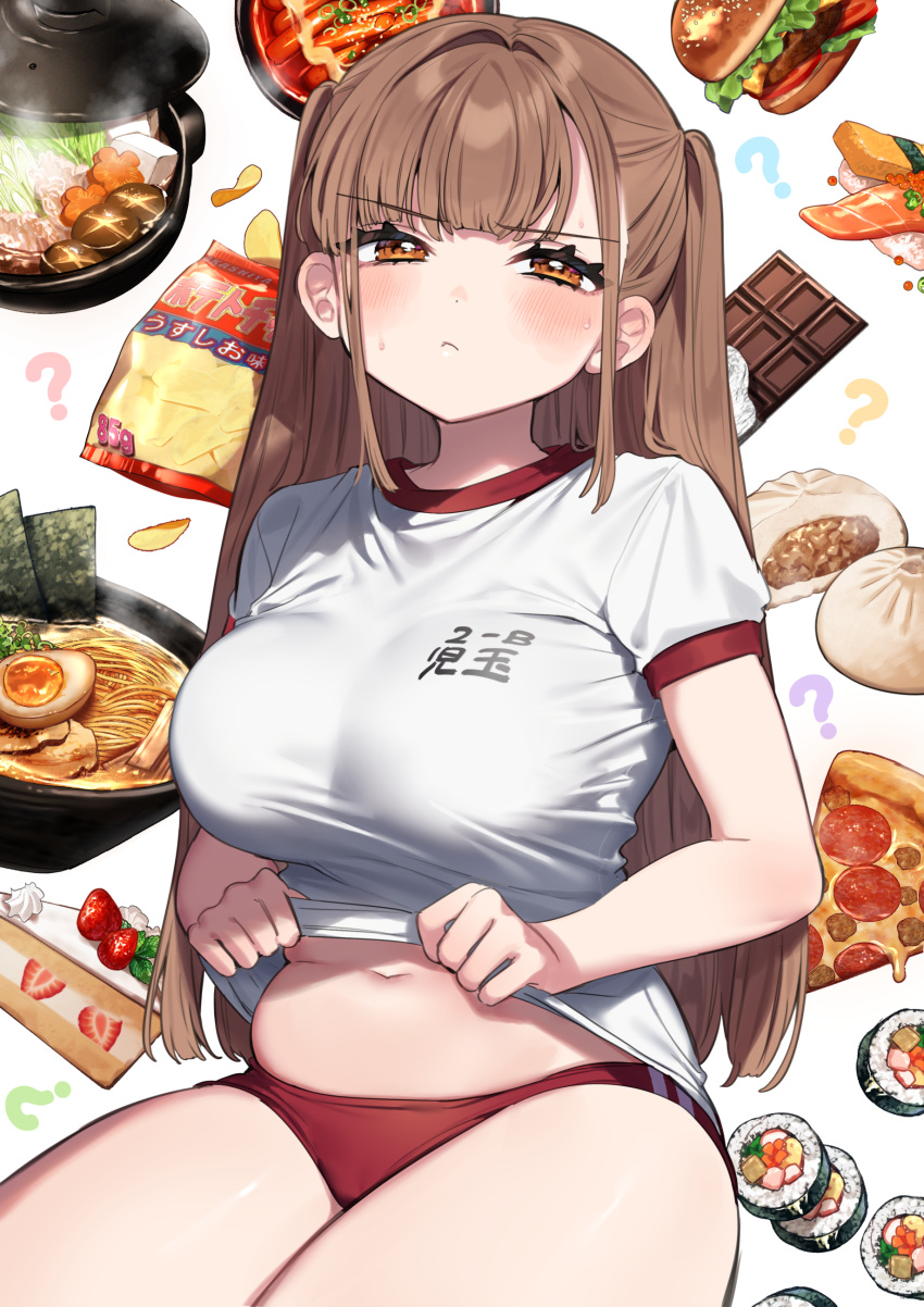 1girl ? absurdres blush breasts brown_eyes brown_hair burger buruma cake candy chips_(food) chocolate chocolate_bar closed_mouth clothes_lift commentary_request food fruit gym_shirt gym_uniform highres kodama_(sakura_yuki) large_breasts lifted_by_self long_hair looking_at_viewer navel noodles original pizza pizza_slice plump ramen red_buruma revision sakura_yuki_(clochette) shirt shirt_lift short_sleeves sitting solo strawberry thighs white_background white_shirt