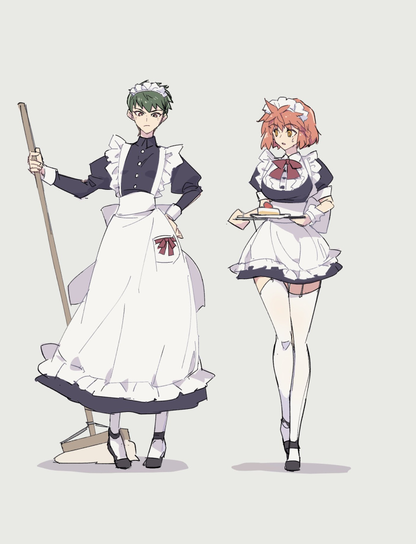 2girls apron black_dress black_footwear bow breasts buttons cake cake_slice dress emiya_shirou fate/stay_night fate_(series) food frilled_dress frills garter_straps genderswap genderswap_(mtf) getter_robo gou_saotome green_hair hanahiyo_(hoimin) highres holding holding_mop holding_tray large_breasts long_dress looking_at_another looking_down maid maid_apron maid_headdress medium_hair mop multiple_girls neck_ribbon orange_hair plate red_eyes red_ribbon ribbon shin_getter_robo short_dress short_hair simple_background small_breasts thighhighs tray waist_bow white_apron white_background white_soccer_ball white_thighhighs white_wrist_cuffs wrist_cuffs yellow_eyes