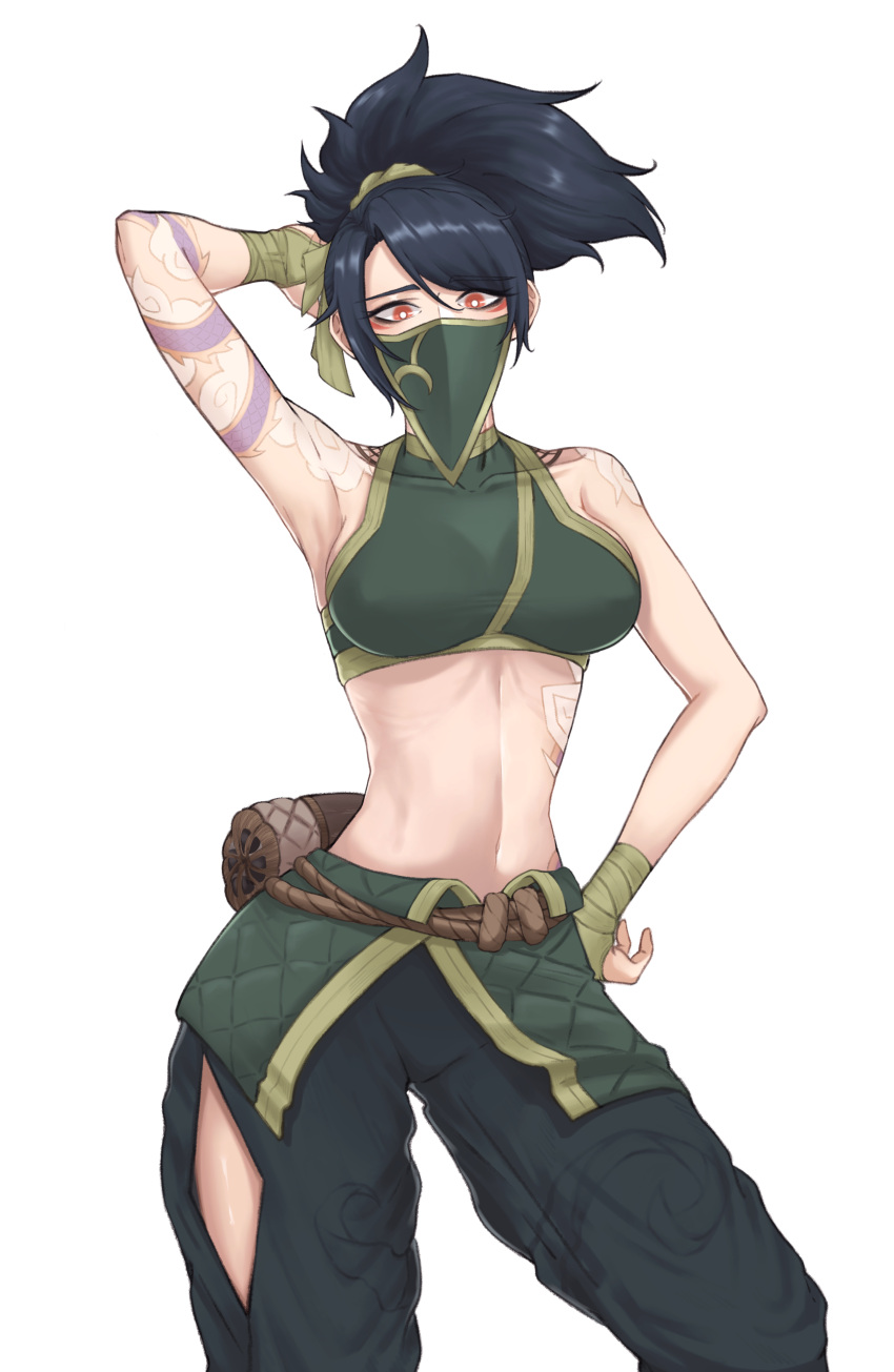 1girl absurdres akali arm_tattoo arm_up armpits belt black_hair breasts clothing_cutout collarbone contrapposto crop_top eyeliner green_pants hand_on_own_hip high_ponytail highres league_of_legends looking_at_viewer makeup mask medium_breasts midriff mouth_mask navel ninja ninja_mask nokma_00 pants red_eyeliner red_eyes rope scroll shoulder_tattoo simple_background solo stomach tattoo white_background