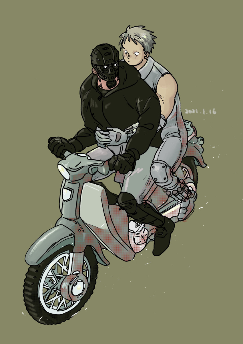 2boys absurdres aikawa_(dorohedoro) colored_tips couple dorohedoro facial_mark from_above full_body gas_mask greyscale highres looking_back male_focus mask monochrome multicolored_hair multiple_boys multiple_riders muscular muscular_male nishida_(pixiv_50671594) no_eyebrows on_motorcycle pectorals risu_(dorohedoro) thighs yaoi
