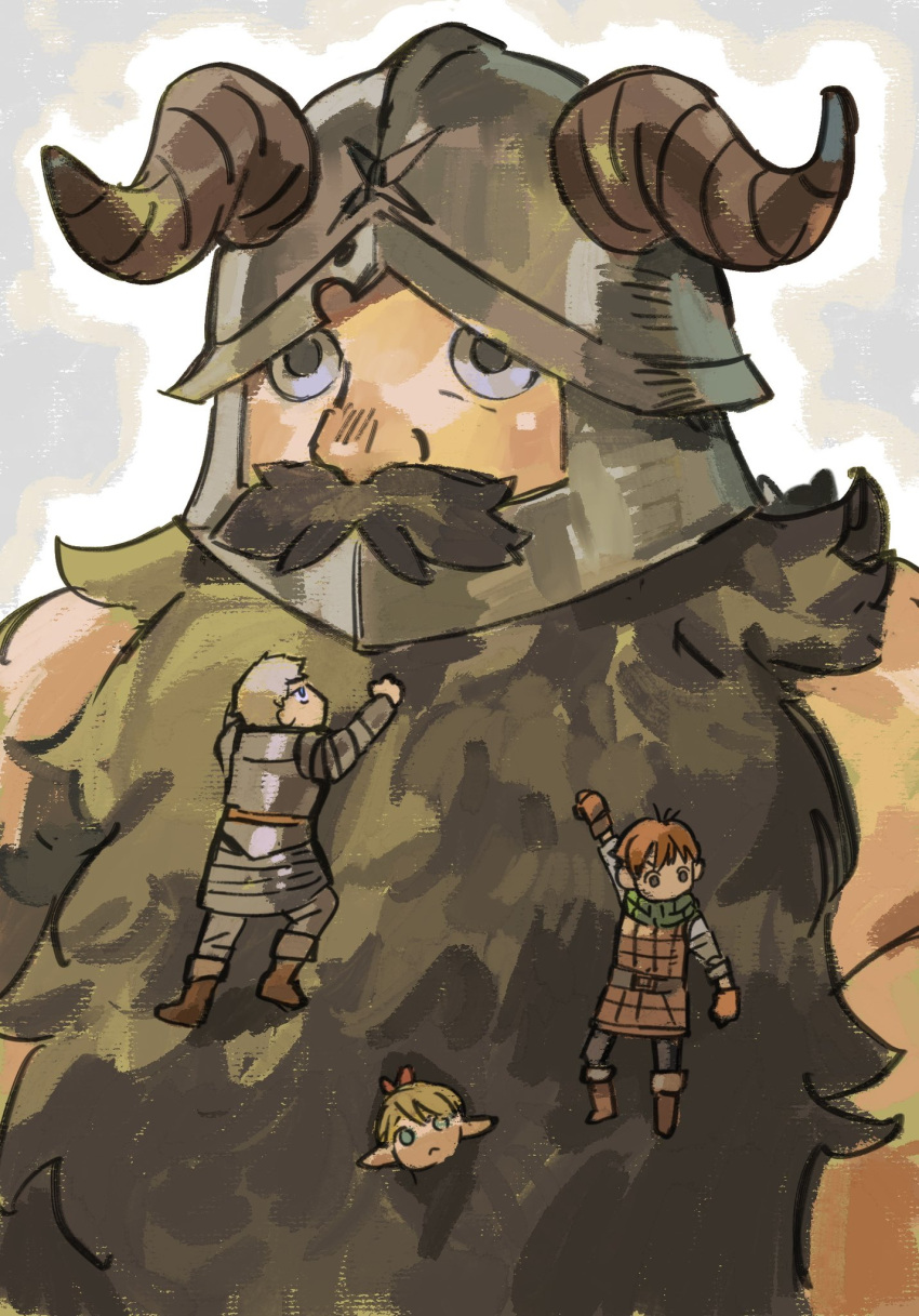 1girl 3boys armor bare_shoulders beard black_hair blonde_hair boots brown_gloves chilchuck_tims climbing clinging covered_mouth dungeon_meshi dwarf elf facial_hair fake_horns gloves green_scarf halfling haxinssy helmet highres horned_helmet horns laios_thorden leather_armor long_beard long_hair looking_ahead looking_at_another looking_down looking_up marcille_donato mini_person miniboy minigirl multiple_boys pants pauldrons peeking_out plate_armor pointy_ears scarf senshi_(dungeon_meshi) shirt short_hair shoulder_armor size_difference sleeveless solo_focus upper_body white_background white_shirt