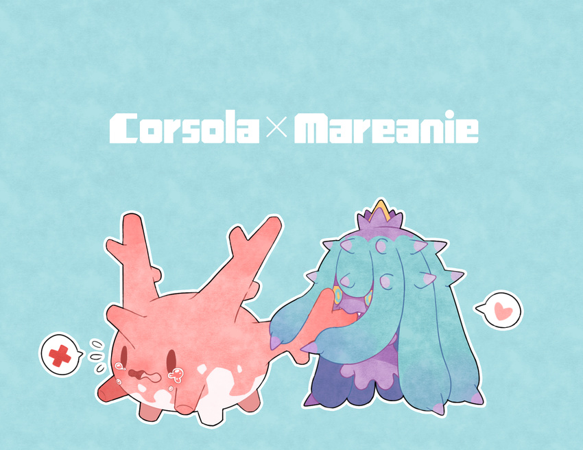 blue_background blue_eyes commentary corsola crying eating english gen_2_pokemon gen_7_pokemon heart highres holding kami_(kamimeow) mareanie no_humans open_mouth pokemon pokemon_(creature) scared simple_background spikes spoken_heart spoken_x tearing_up tears thought_bubble wavy_mouth yellow_sclera