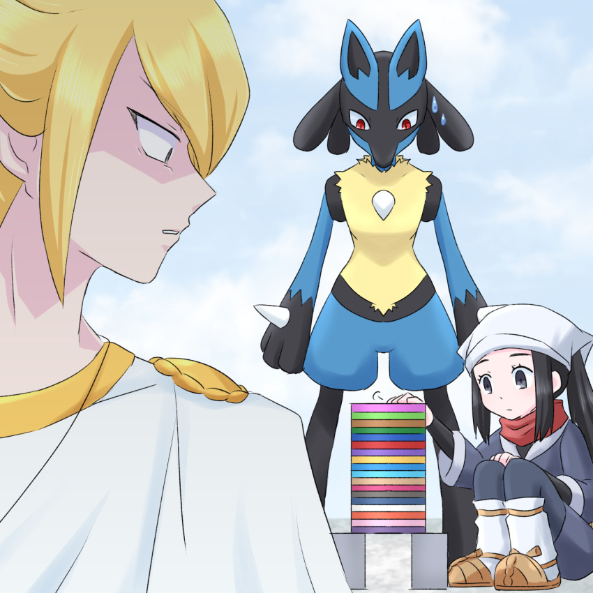 1boy 1girl akari_(pokemon) black_eyes blonde_hair commentary_request day grey_eyes hat head_scarf highres hinotogi long_hair looking_back lucario official_alternate_costume official_alternate_hairstyle outdoors pokemon pokemon_(creature) pokemon_legends:_arceus red_eyes red_scarf scarf short_hair spoilers squatting stacking stone_tablet sweat volo_(pokemon)