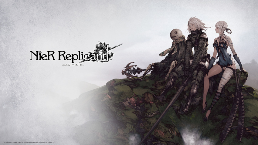 1girl 2boys absurdres cloud cloudy_sky copyright_name emil_(nier) flower hair_flower hair_ornament high_heels highres kaine_(nier) logo mask multiple_boys nier nier_(series) nier_(young) non-web_source official_art official_wallpaper rock scarf single_thighhigh sitting sky square_enix staff sword thighhighs weapon white_hair yoshida_akihiko