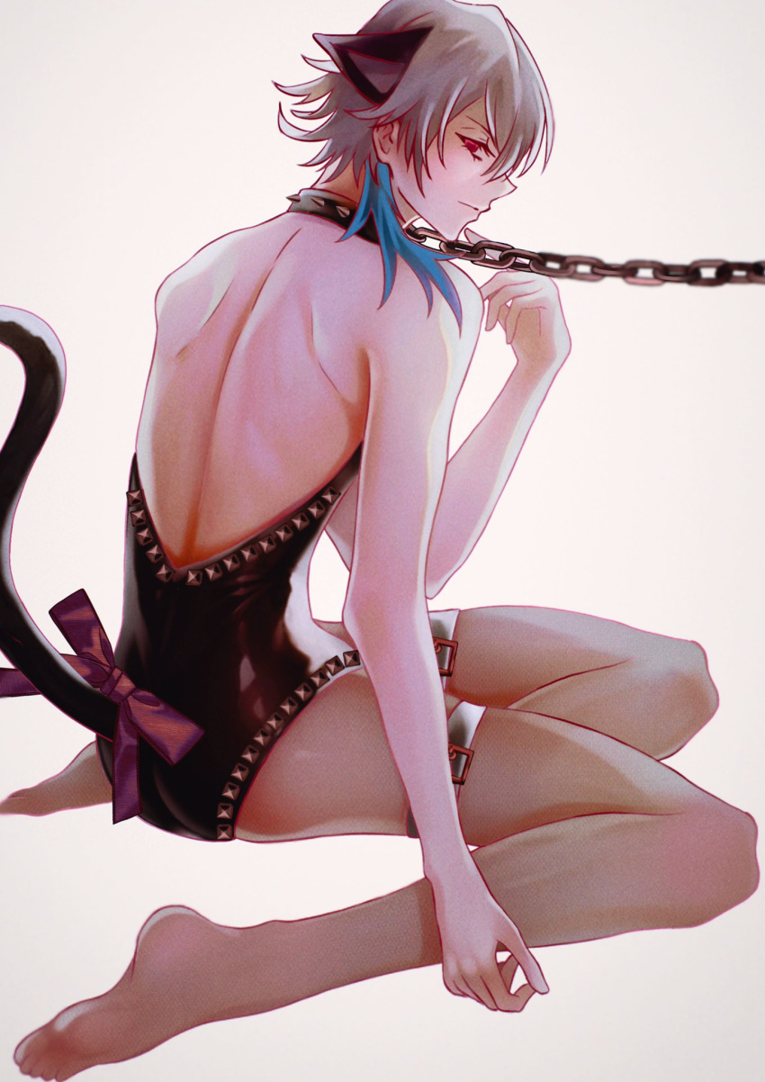 1boy animal_ears back bishounen black_leotard blue_hair brown_pantyhose cat_boy cat_ears cat_tail chain chain_leash collar commentary crossdressing from_behind from_side full_body gavis_bettel grey_hair highres holostars holostars_english itoyuuichi kneeling leash leotard looking_at_viewer male_focus multicolored_hair pantyhose pink_eyes profile ribbon shiny_clothes sitting solo spiked_collar spikes symbol-only_commentary tail tail_ornament tail_ribbon thigh_strap virtual_youtuber white_background