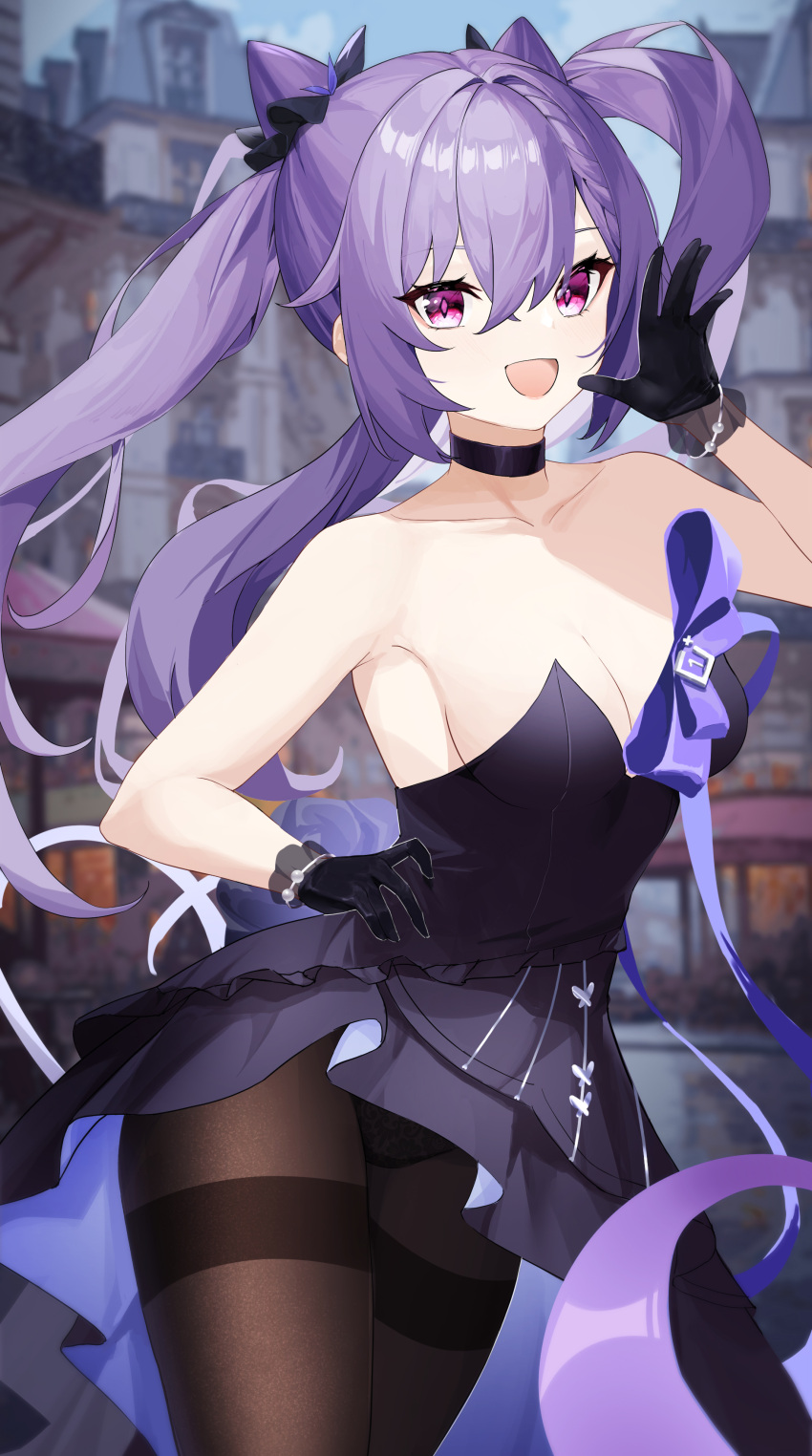 1girl :d absurdres bare_arms bare_shoulders black_choker black_dress black_gloves blue_sky bow breasts brown_pantyhose candy_shunya choker cleavage commentary_request cone_hair_bun cowboy_shot dress genshin_impact gloves hair_bun hand_up highres keqing_(genshin_impact) long_hair looking_at_viewer medium_breasts open_mouth outdoors pantyhose purple_bow purple_eyes purple_hair sidelocks sky smile solo standing strapless strapless_dress thighband_pantyhose thighs twintails very_long_hair