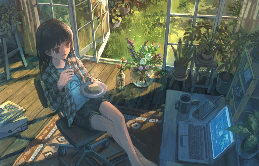 1girl black_hair black_shorts brown_eyes computer crossed_legs drink eating flower fork grass highres holding holding_fork holding_plate indoors laptop long_hair open_door original phone plate purple_flower rug scenery shorts sitting tokunaga_akimasa white_flower wooden_floor