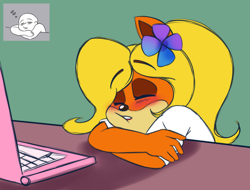 2017 8-bit-britt accessory activision anthro bandicoot black_nose blonde_hair blush clothing coco_bandicoot computer crash_bandicoot_(series) crossed_arms digital_media_(artwork) electronics eyes_closed female flower flower_in_hair fur hair hair_accessory laptop long_hair mammal marsupial multicolored_body multicolored_fur orange_body orange_ears orange_fur plant shirt sitting sleeping solo t-shirt tan_body tan_fur three-quarter_view topwear two_tone_body two_tone_fur white_clothing white_shirt white_t-shirt white_topwear