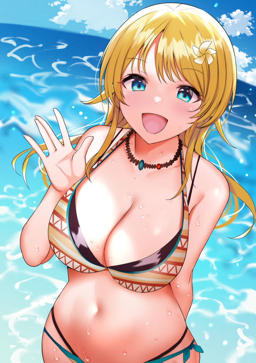 1girl alternate_hairstyle arm_behind_back bare_shoulders bikini blonde_hair blue_bikini blue_eyes blue_sky blush breasts brown_bikini cleavage cloud collarbone day dot_nose fisheye flower hachimiya_meguru hair_flower hair_ornament hand_up highres horizon idolmaster idolmaster_shiny_colors jewelry large_breasts long_hair looking_at_viewer mismatched_bikini moruchi_(rinaka_moruchi) navel necklace ocean open_hand open_mouth outdoors sky smile solo striped_bikini striped_clothes swimsuit wet white_flower