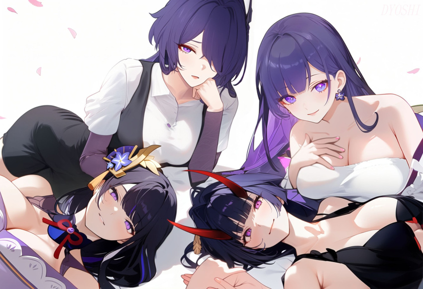 4girls acheron_(honkai:_star_rail) alternate_costume artist_request bare_shoulders breasts cleavage color_connection commentary company_connection dual_persona earrings english_commentary flower genshin_impact hair_flower hair_ornament hair_over_one_eye highres honkai:_star_rail honkai_(series) honkai_impact_3rd horns jewelry large_breasts long_sleeves look-alike mihoyo multiple_girls name_connection purple_eyes purple_hair raiden_mei raiden_mei_(herrscher_of_thunder) raiden_shogun red_horns sawashiro_miyuki smile voice_actor_connection
