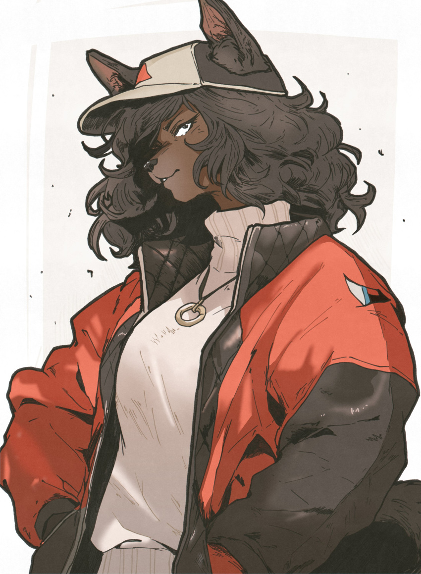 1girl absurdres animal_ears baseball_cap black_eyes body_fur brown_background brown_fur brown_hair collared_jacket commentary curly_hair dog_ears dog_girl dog_tail ears_through_headwear furry furry_female hands_in_pockets hat high_collar highres jacket jewelry long_hair long_sleeves looking_at_viewer necklace o-ring original parted_lips red_jacket simple_background solo standing sweater symbol-only_commentary tail tomochiso turtleneck turtleneck_sweater upper_body