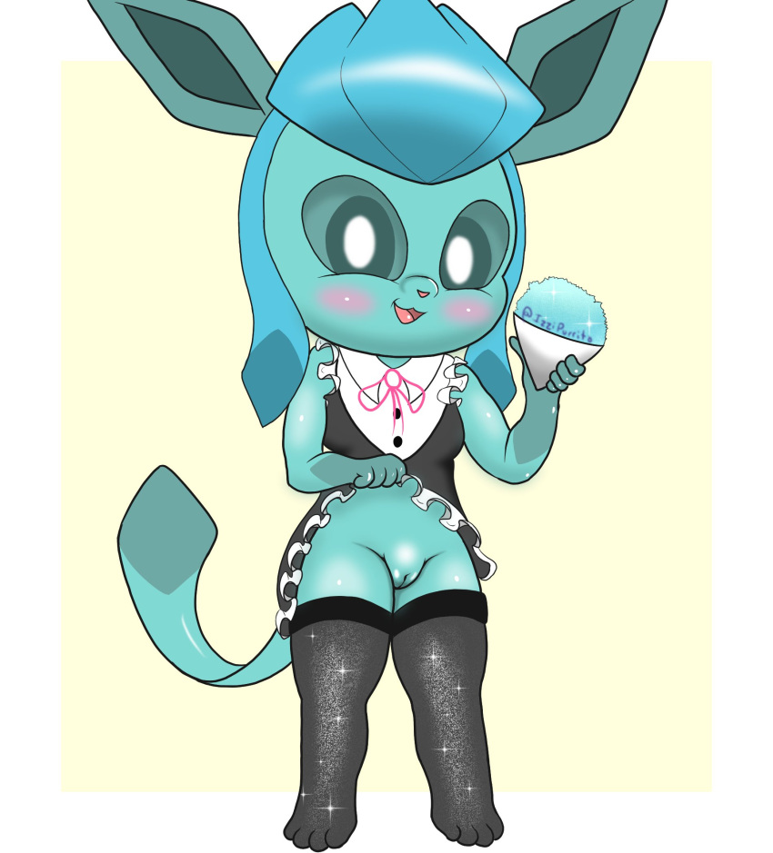 anthro blue_body blue_eyes bottomwear clothed clothing clothing_lift container cup dessert eeveelution female food generation_4_pokemon genitals glaceon hi_res humanoid ice izzipurrito legwear maid_uniform nintendo pokemon pokemon_(species) presenting presenting_pussy pussy shaved_ice simple_background skirt skirt_lift solo stockings tagme uniform