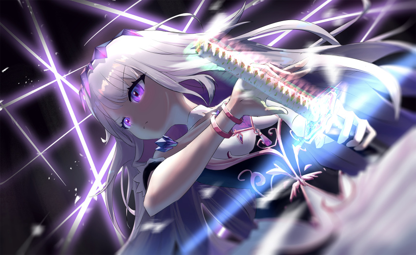 1girl black_background bracelet chromatic_aberration grey_hair highres hololive hololive_english iaidou jewelry katana koseki_bijou koseki_bijou_(1st_costume) long_hair purple_eyes slashing sword varsien virtual_youtuber weapon yamato_(sword)