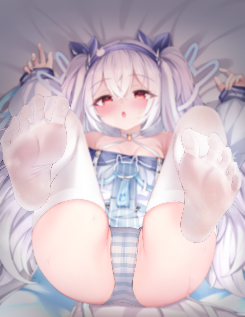 1girl absurdres azur_lane bare_shoulders blue_panties blurry blurry_background breasts commentary_request criss-cross_halter crossed_bangs depth_of_field feet foot_focus gmkj hair_between_eyes halterneck highres laffey_(azur_lane) laffey_ii_(azur_lane) legs_up long_hair long_sleeves looking_at_viewer lying no_shoes on_back open_mouth panties partial_commentary red_eyes small_breasts soles solo striped_clothes striped_panties thighhighs toes twintails underwear variant_set very_long_hair white_hair white_thighhighs