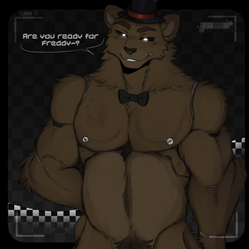absurd_res animatronic anthro bear black_sclera bow_tie brown_body brown_fur cerberussenn checkered_background clothing ear_piercing five_nights_at_freddy's freddy_(fnaf) fur glowing glowing_eyes hand_on_hip hand_print hat headgear headwear hi_res huge_filesize machine male mammal musclegut muscular muscular_male navel nipples pattern_background piercing pubes robot scottgames screw signature simple_background slightly_chubby smile solo text top_hat white_eyes