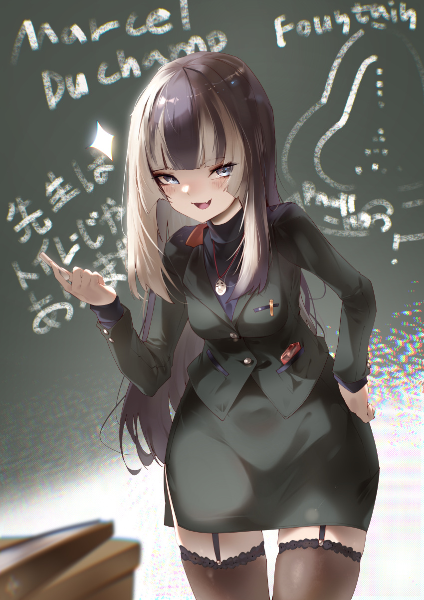 1girl absurdres alternate_costume black_garter_straps black_hair black_shirt black_skirt black_thighhighs blue_eyes blunt_bangs blush chalk chalkboard fang garter_straps grey_hair hand_on_own_hip highres holding holding_chalk hololive hololive_dev_is juufuutei_raden looking_at_viewer multicolored_hair open_mouth pparus shirt sidelocks skin_fang skirt smile solo streaked_hair thighhighs virtual_youtuber