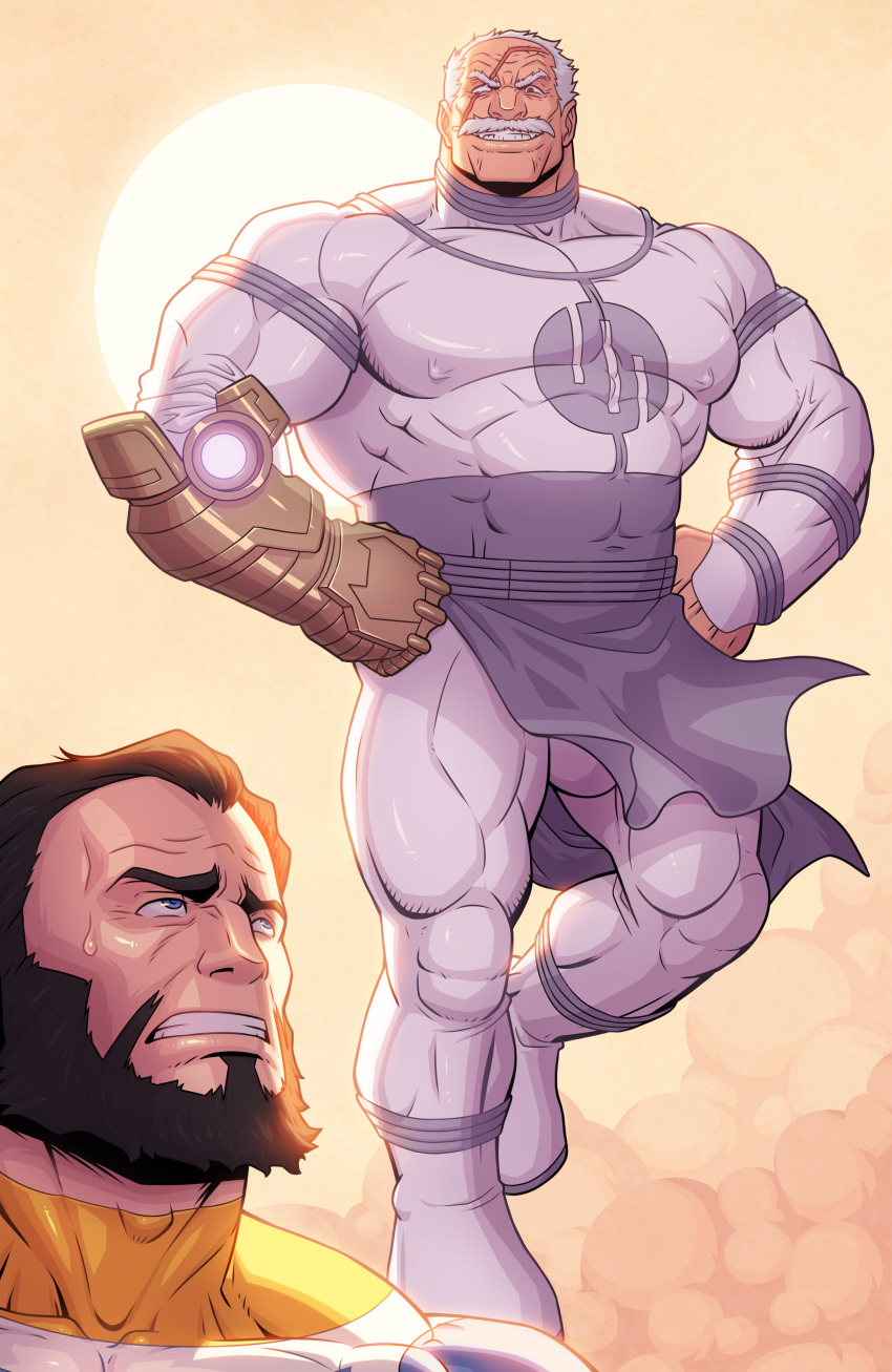 2boys absurdres adam's_apple bald_spot bara black_hair bulge_peek comic_panel_redraw commission conquest_(invincible) covered_nipples derivative_work floating full_body grin hands_on_own_hips highres huge_pectorals invincible_(series) levitation male_focus mature_male multiple_boys muscular muscular_male pelvic_curtain scar scar_across_eye scar_on_head second-party_source short_hair smile solo_focus strongman_waist superhero sweatdrop the_immortal_(invincible) thick_eyebrows thick_mustache thick_thighs thighs wind wrinkled_skin zelo-lee